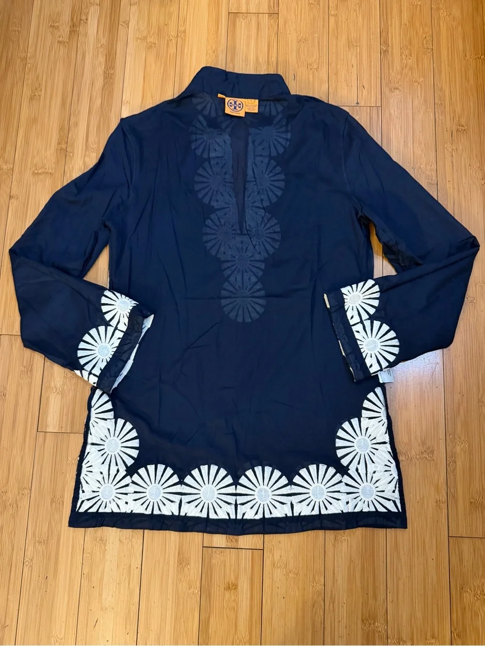 Tory Burch Navy Tunic Top Embroidered Trim Size 12
